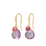 18K Yellow Gold Amethyst and Pink Tourmaline Earrings with Diamonds, 1.1"