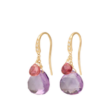 18K Yellow Gold Amethyst and Pink Tourmaline Earrings with Diamonds, 1.1"