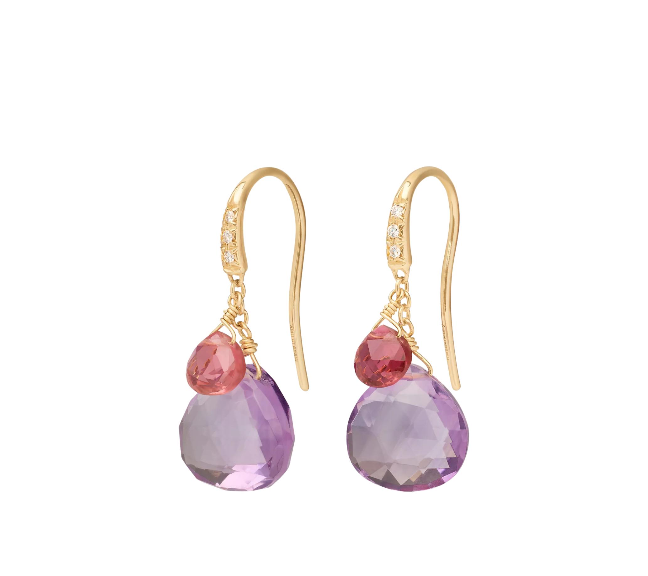 18K Yellow Gold Amethyst and Pink Tourmaline Earrings with Diamonds, 1.1"