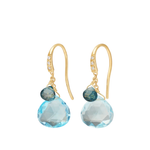 18K Yellow Gold Blue Topaz Earrings with Diamonds, 1.1"