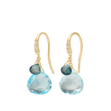 18K Yellow Gold Blue Topaz Earrings with Diamonds, 1.1"