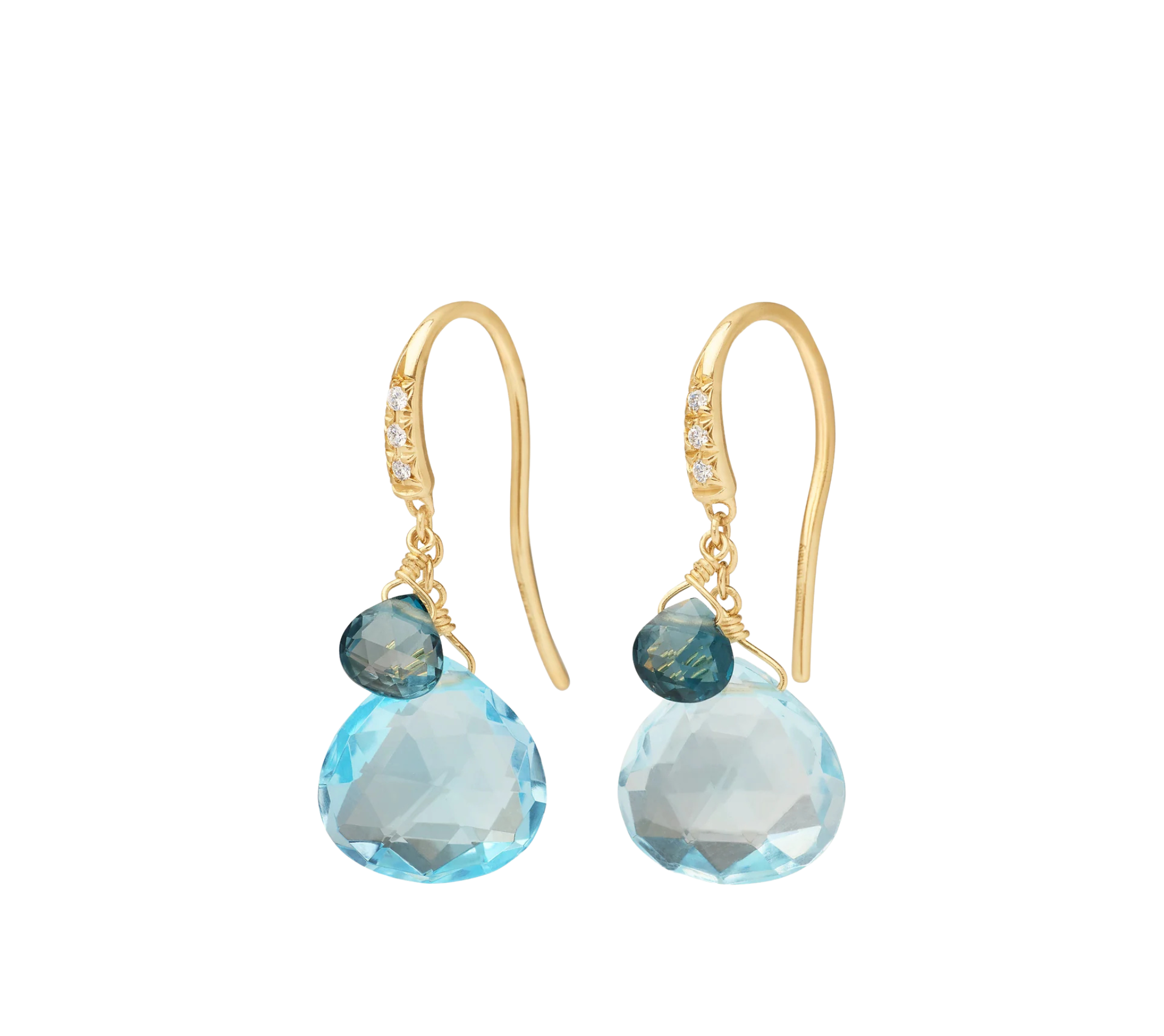 18K Yellow Gold Blue Topaz Earrings with Diamonds, 1.1"