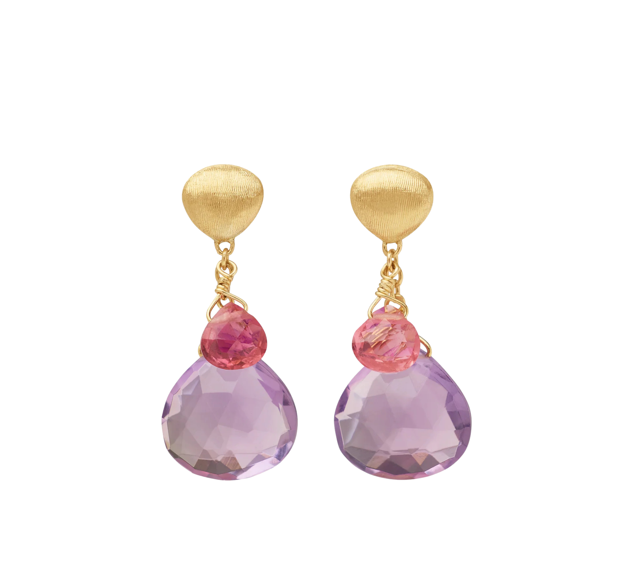 18K Yellow Gold Amethyst and Pink Tourmaline Earrings, 1"