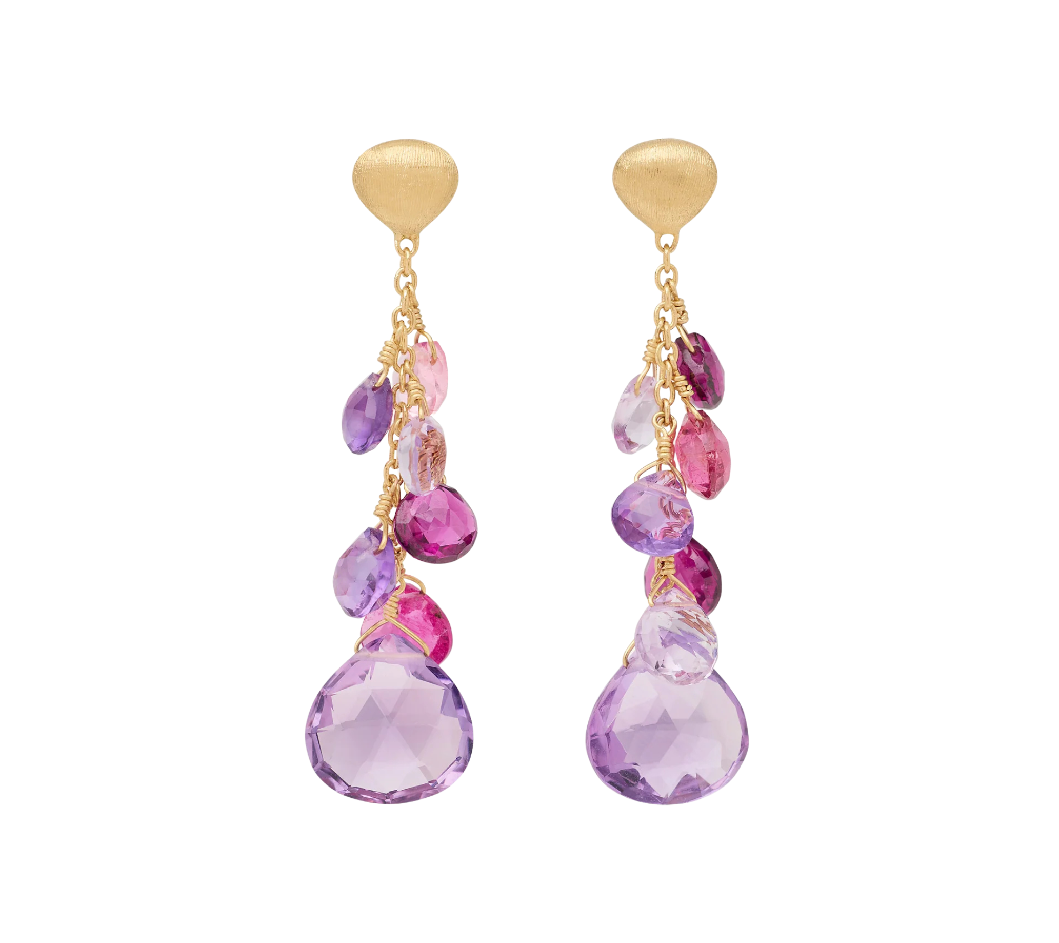 18K Yellow Gold Amethyst and Pink Tourmaline Earrings, 1.7"