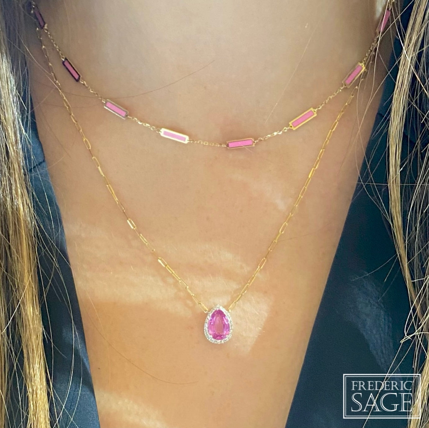 14K Yellow Gold 17 Station Pink Inlay Necklace