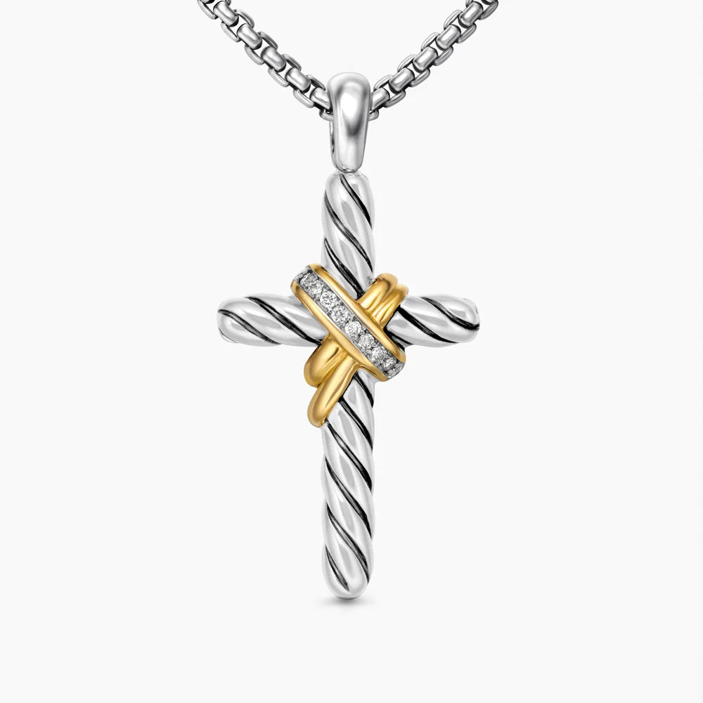 X Cross Necklace in Sterling Silver with 14K Yellow Gold and Diamonds, 31.7mm