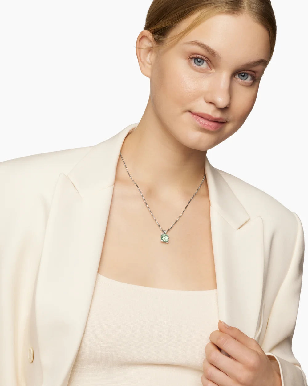 CHATELAINE® PENDANT NECKLACE Sterling Silver with Prasiolte and Diamonds, 11mm