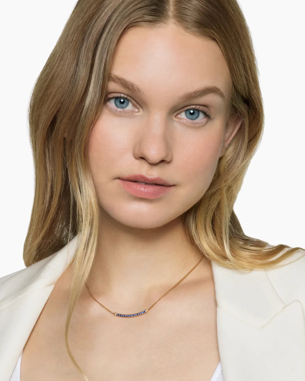 Petite Pavé Bar Necklace in 18K Yellow Gold with Blue Sapphires, 1.25mm