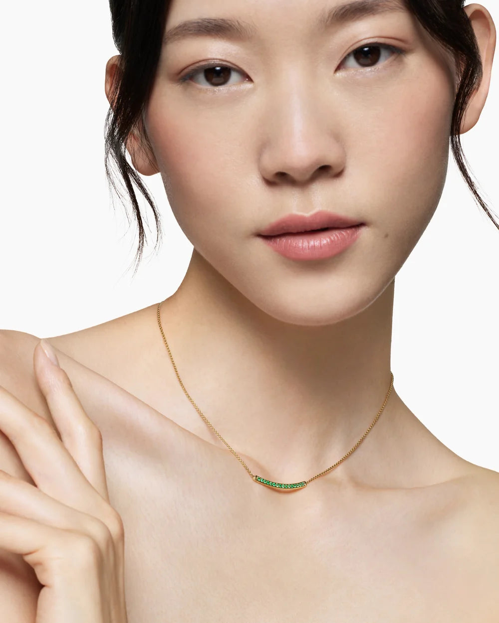 Petite Pavé Bar Necklace in 18K Yellow Gold with Emeralds, 1.25mm