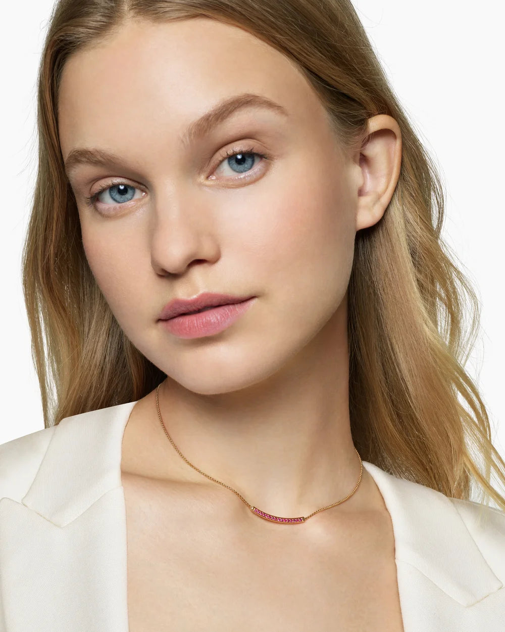 Petite Pavé Bar Necklace in 18K Yellow Gold with Rubies, 1.25mm