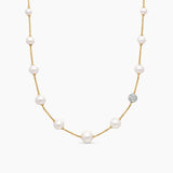 Pearl and Pavé Station Necklace in 18K Yellow Gold with Pearls and Diamonds