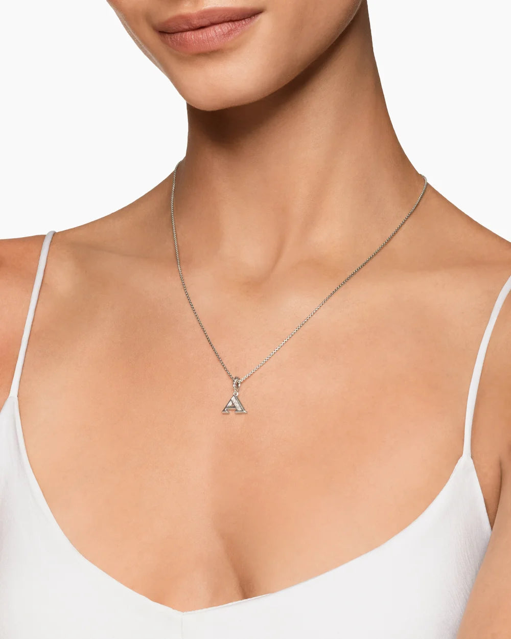 Pavé Initial Pendant Necklace in Sterling Silver with Diamond A
