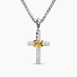 Petite Cross Necklace Sterling Silver with 18K Yellow Gold with Diamonds, 20.8mm