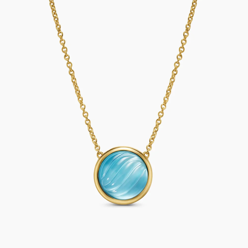 SCULPTED CABLE PENDANT NECKLACE 18K Yellow Gold with Blue Topaz and Mother of Pearl, 11.3mm