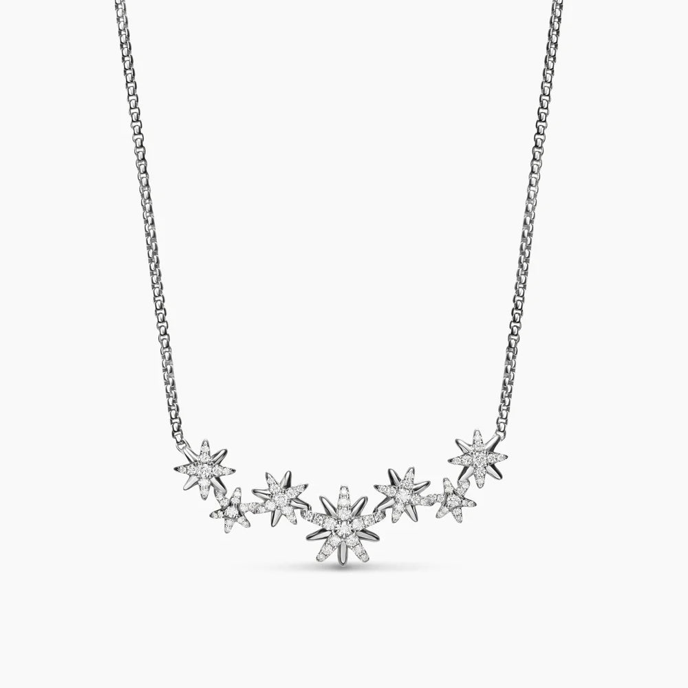 STARBURST CLUSTER NECKLACE Sterling Silver with Diamonds, 15.5mm