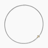 Silver box chain necklace with a gold cross pendant on a white background
