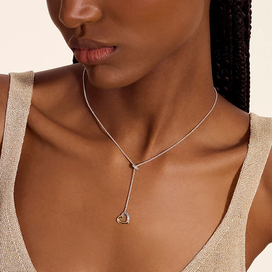 JH Essential Heart Lariat Necklace, Sterling Silver, Gold, Diamonds, 1.5MM