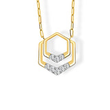 14K Yellow and White Gold Open Hexagon Pendant with Half Diamond and Half Polished Finish