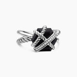 CABLE WRAP RING Sterling Silver with Black Onyx and Diamonds, 11mm