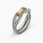 Sterling silver cable loop ring with a gold accent in the middle shown against a white background 