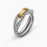Sterling silver cable loop ring with a gold accent in the middle shown against a white background 