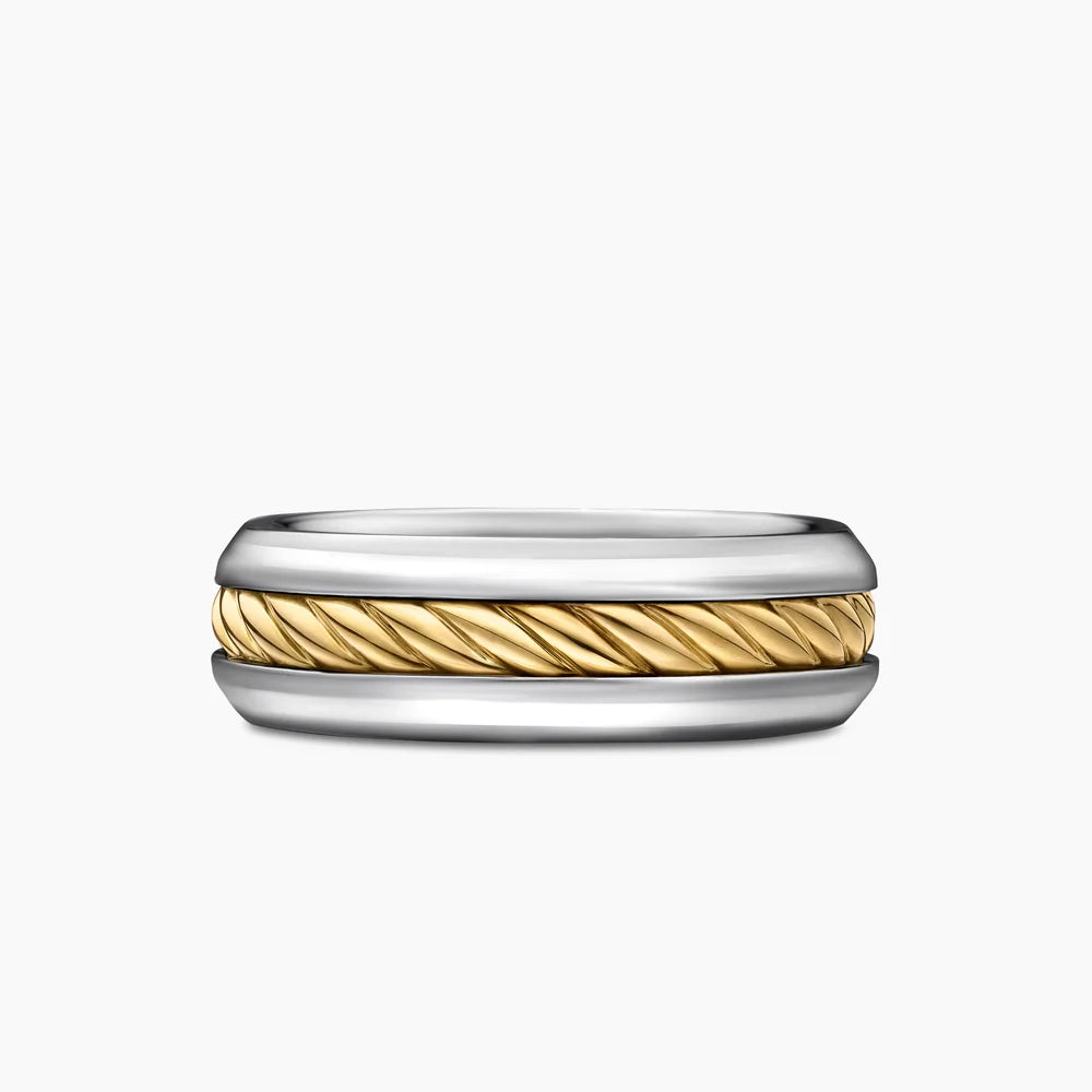 CABLE INSET BAND RING Sterling Silver with 18K Yellow Gold, 8mm
