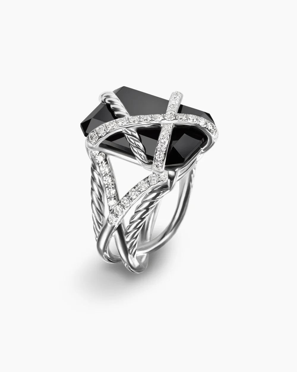 CABLE WRAP RING Sterling Silver with Black Onyx and Diamonds, 20.4mm