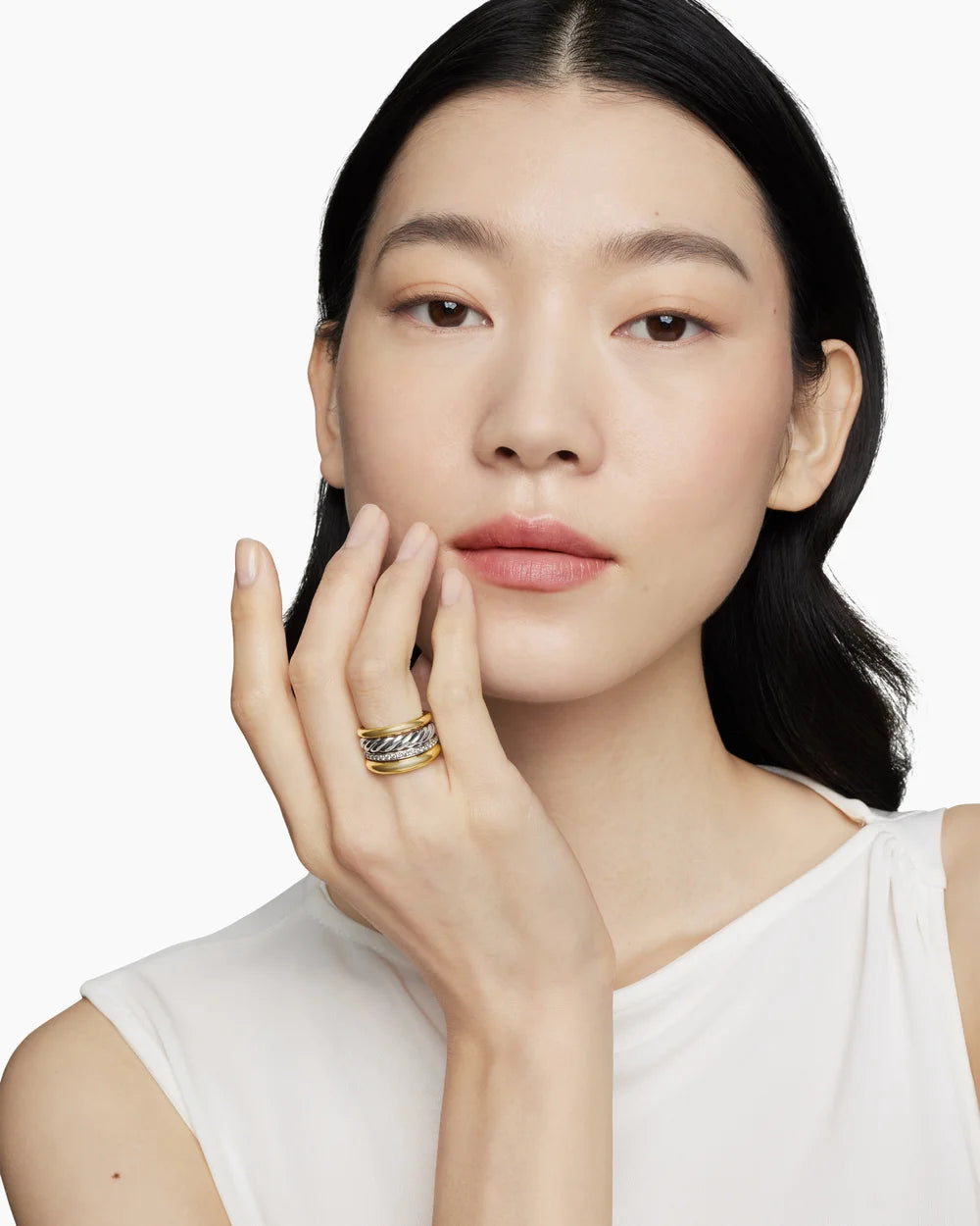 DY MERCER® FOUR ROW RING Sterling Silver with 18K Yellow Gold and Diamonds, 13.8mm