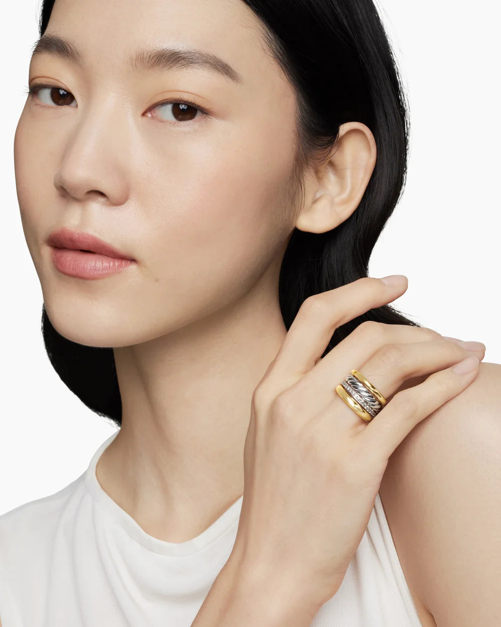 DY Mercer Multi Row Ring in Sterling Silver with 18K Yellow Gold and Diamonds, 14mm