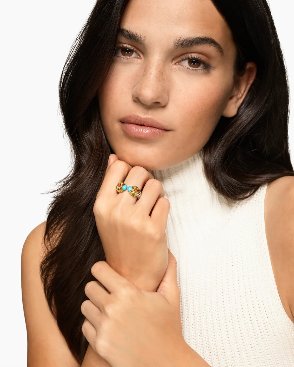 RENAISSANCE® COLOR RING Sterling Silver with 14K Yellow Gold, Turquoise, Madeira Citrine and Tsavorites, 10mm