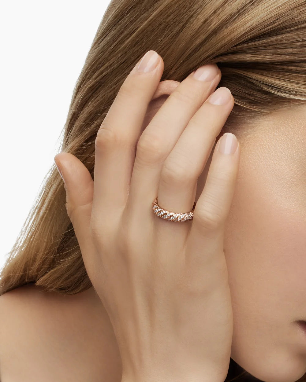 Sculpted Cable Band Ring in 18K Rose Gold with Diamonds, 4.6mm