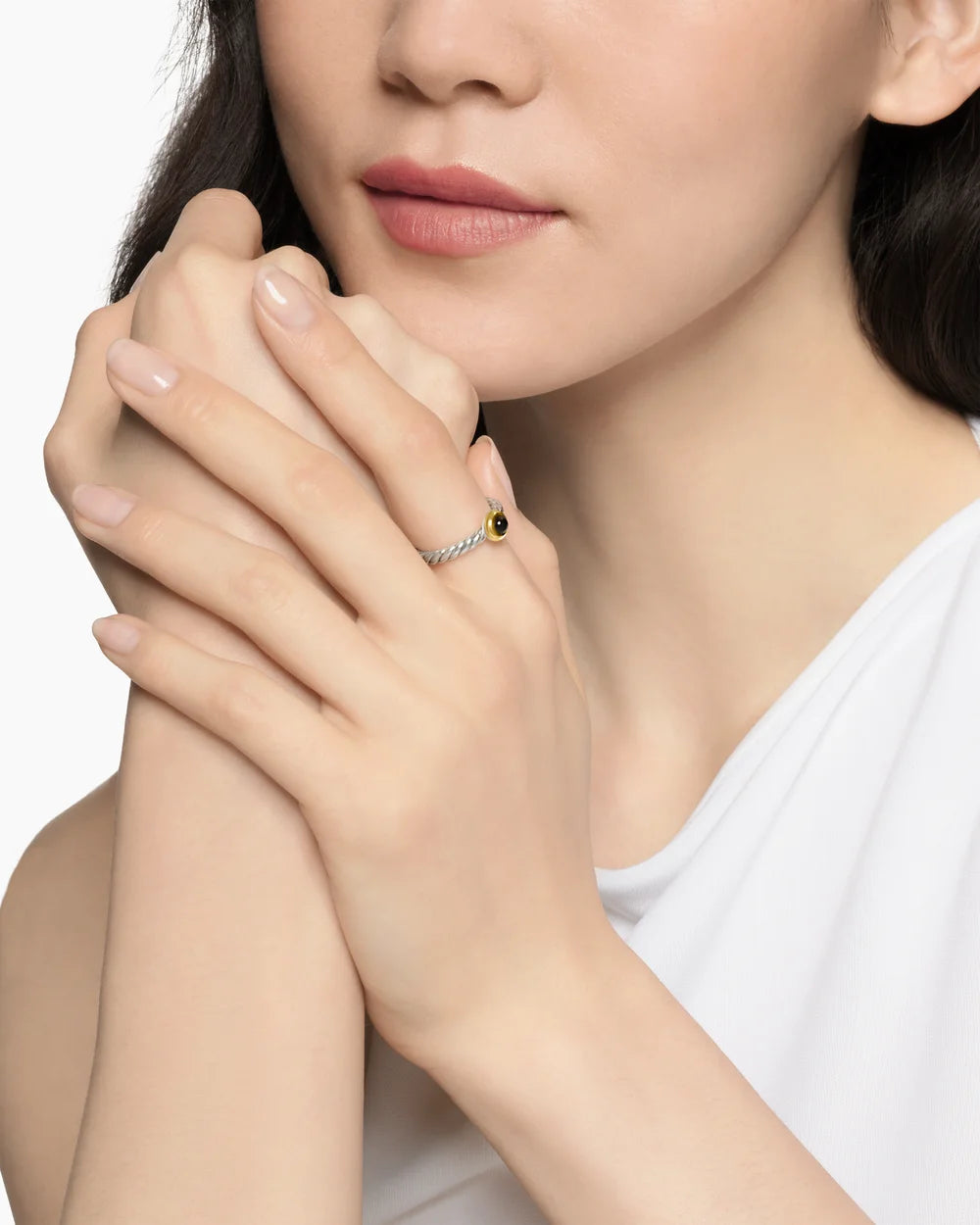 PETITE CABLE RING Sterling Silver with 14K Yellow Gold and Black Onyx, 2.8mm