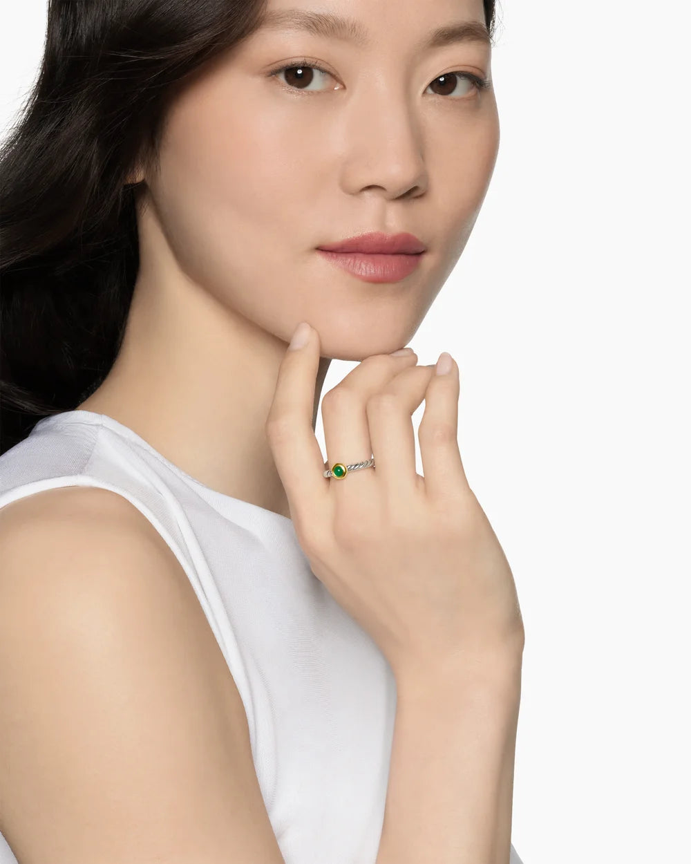 PETITE CABLE RING Sterling Silver with 14K Yellow Gold and Green Onyx, 2.8mm