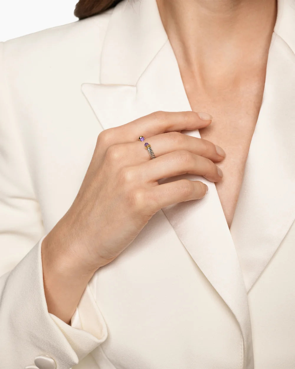 PETITE CABLE OPEN RING Sterling Silver with 14K Yellow Gold and Amethyst, 3.4mm