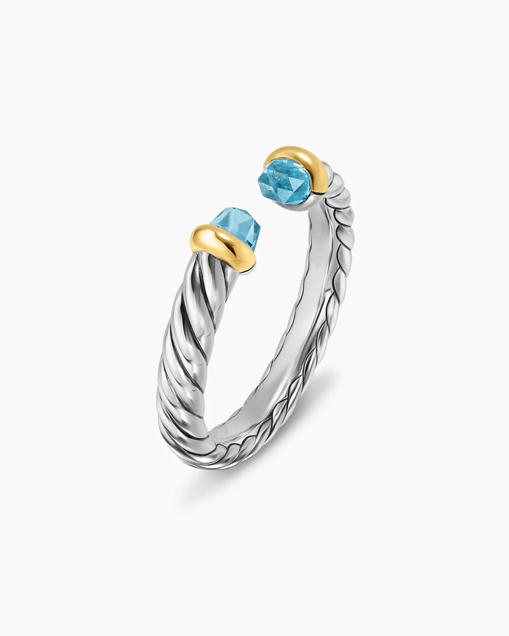 PETITE CABLE OPEN RING Sterling Silver with 14K Yellow Gold and Blue Topaz, 3.4mm