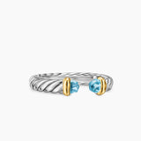 PETITE CABLE OPEN RING Sterling Silver with 14K Yellow Gold and Blue Topaz, 3.4mm
