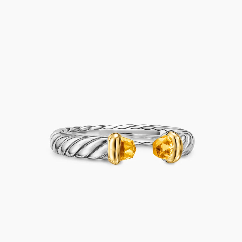 Petite Cable Open Ring Sterling Silver with 14K Yellow Gold and Citrine, 3.4mm