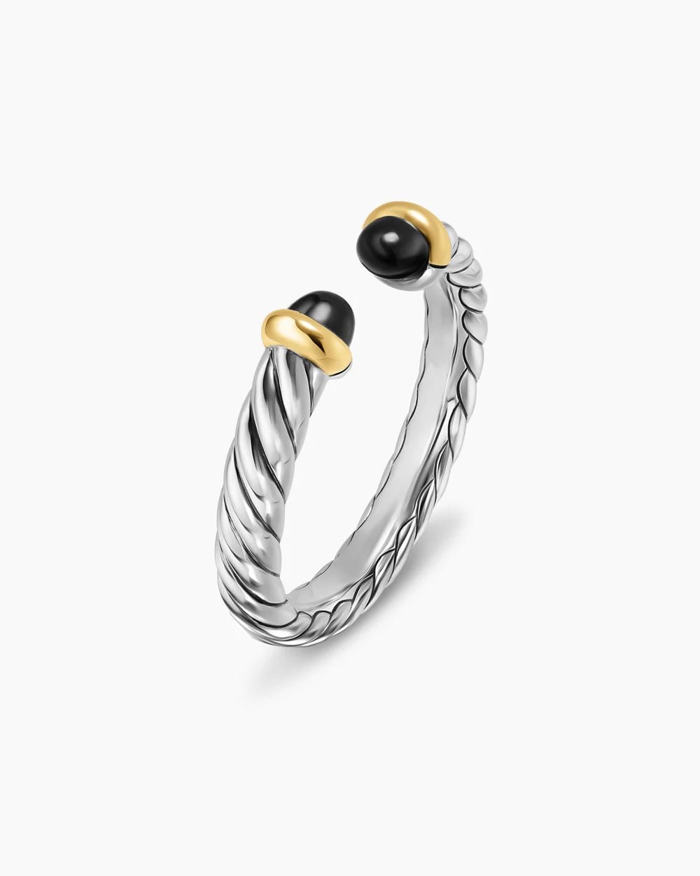 PETITE CABLE OPEN RING Sterling Silver with 14K Yellow Gold and Black Onyx, 3.4mm