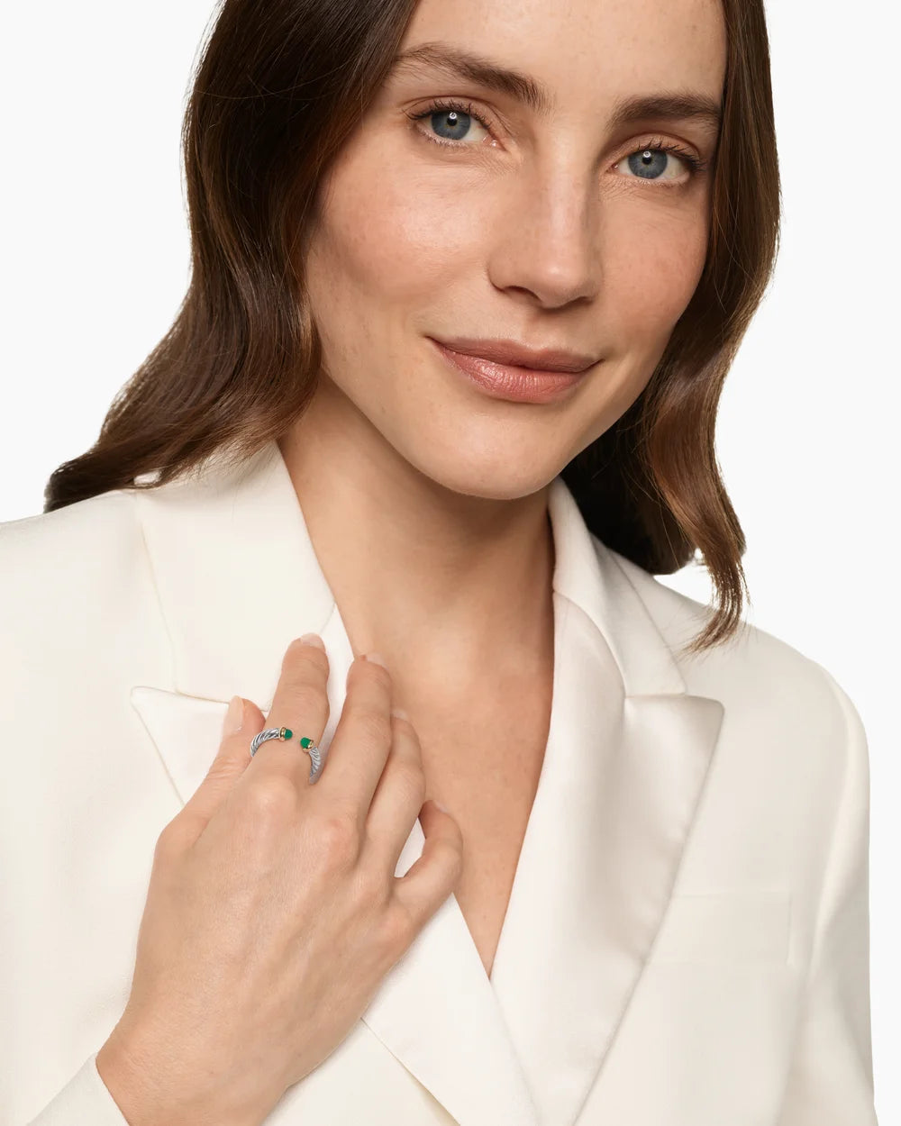 Petite Cable Open Ring Sterling Silver with 14K Yellow Gold and Green Onyx, 3.4mm