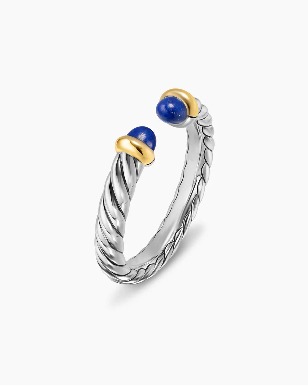 Petite Cable Open Ring Sterling Silver with 14K Yellow Gold and Lapis, 3.4mm