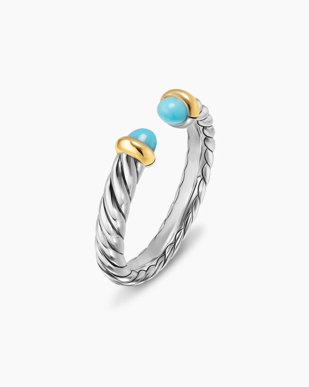 PETITE CABLE OPEN RING Sterling Silver with 14K Yellow Gold and Turquoise, 3.4mm
