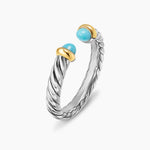 PETITE CABLE OPEN RING Sterling Silver with 14K Yellow Gold and Turquoise, 3.4mm