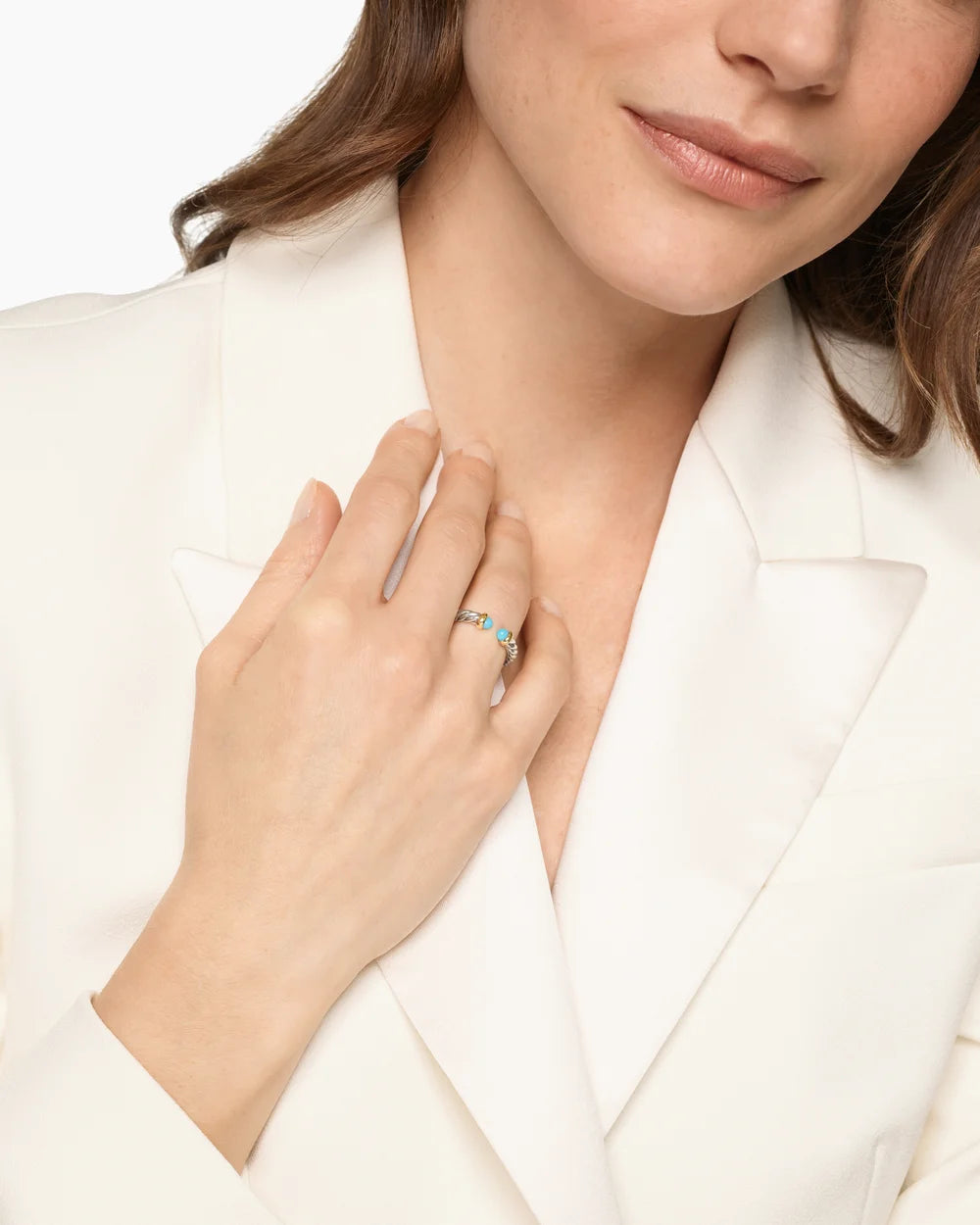 PETITE CABLE OPEN RING Sterling Silver with 14K Yellow Gold and Turquoise, 3.4mm