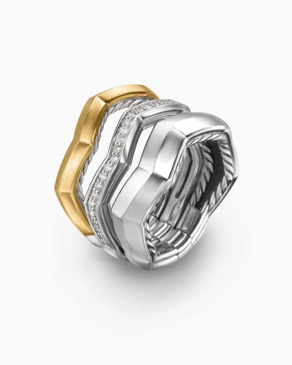 Zig Zag Stax Three Row Ring in Sterling Silver with 18K Yellow Gold and Diamonds, 11.7mm