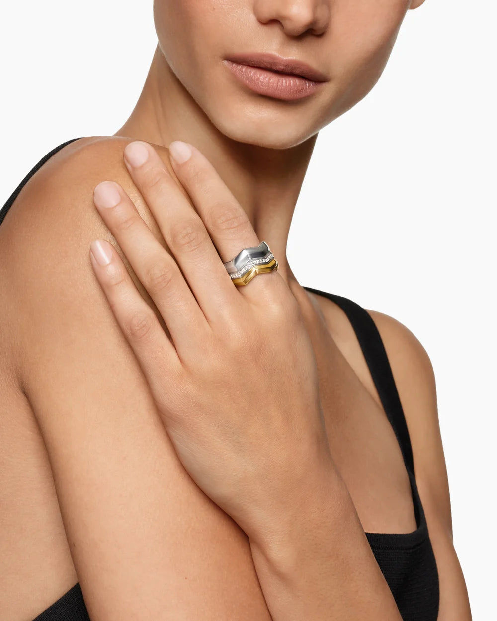 Zig Zag Stax Three Row Ring in Sterling Silver with 18K Yellow Gold and Diamonds, 11.7mm
