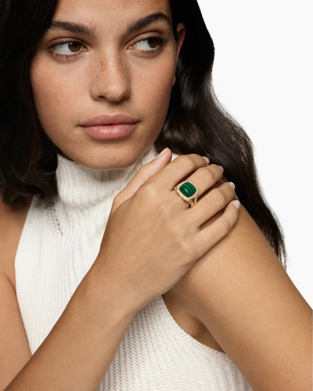 Albion® Ring 18K Yellow Gold with Malachite and Diamonds, 11mm