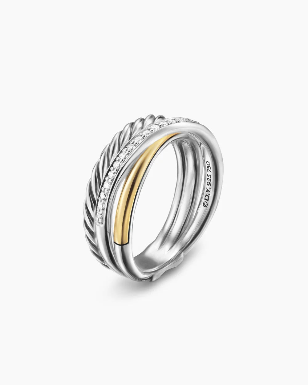CROSSOVER THREE ROW RING Sterling Silver with 18K Yellow Gold and Diamonds, 7mm