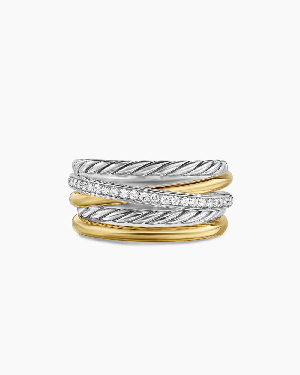 CROSSOVER FIVE ROW RING Sterling Silver with 18K Yellow Gold and Diamonds, 11mm