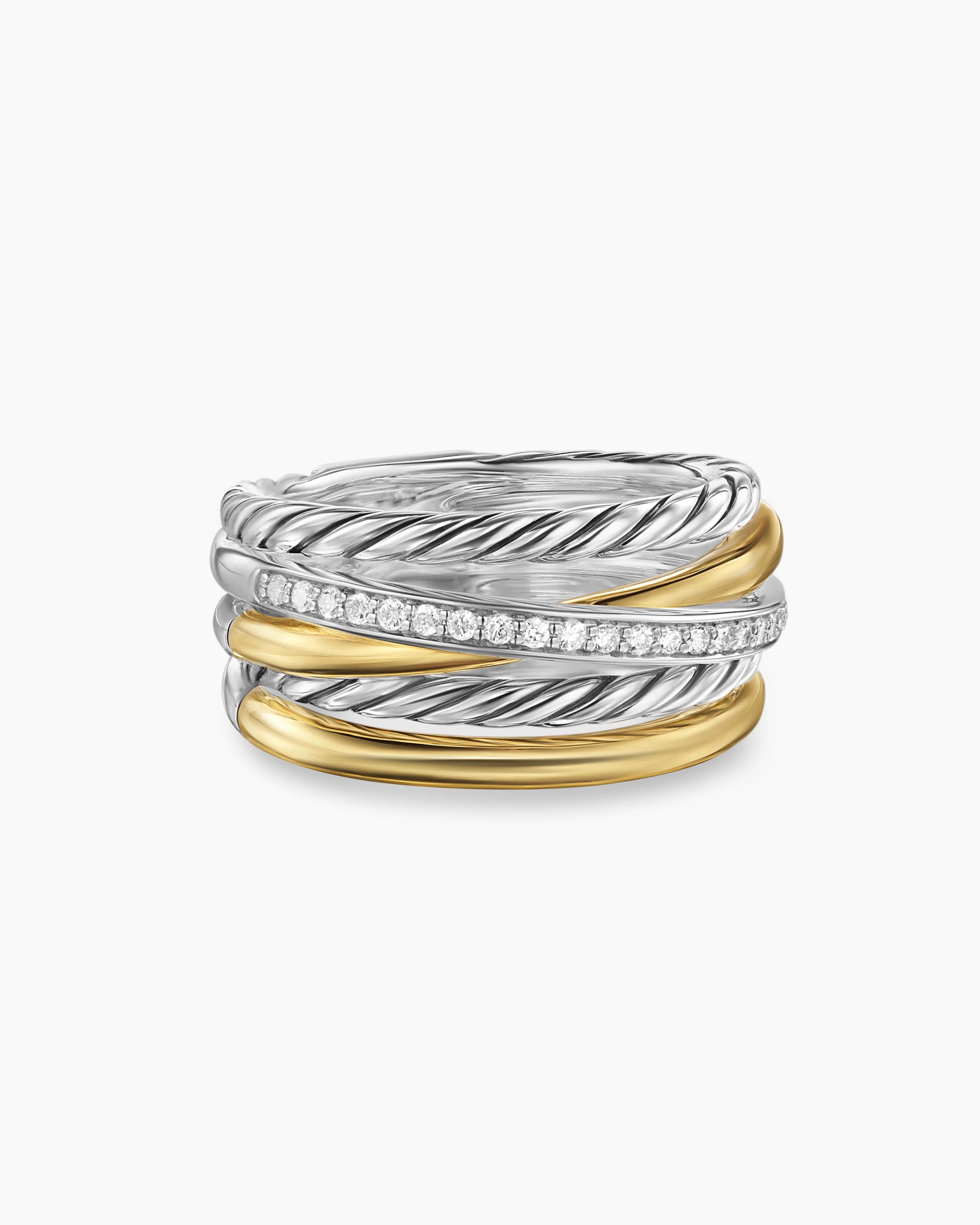 CROSSOVER FIVE ROW RING Sterling Silver with 18K Yellow Gold and Diamonds, 11mm