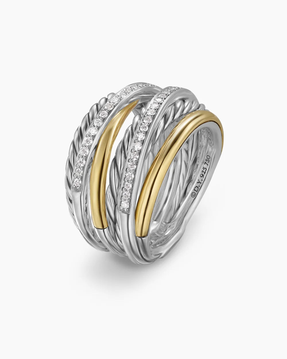 CROSSOVER SEVEN ROW RING Sterling Silver with 18K Yellow Gold and Diamonds, 16mm
